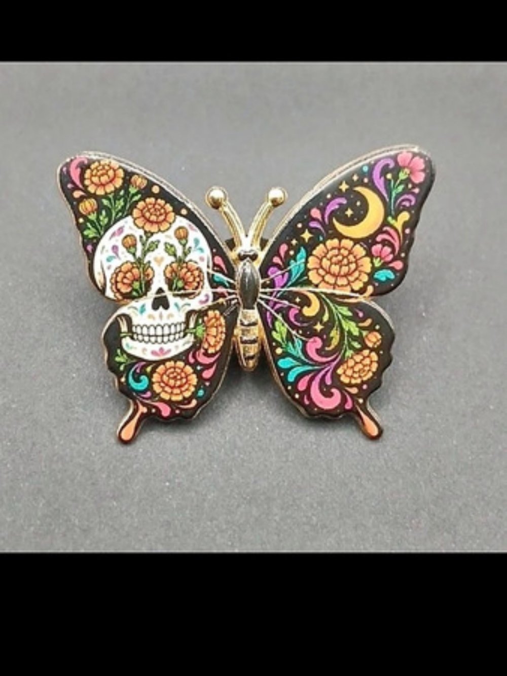 Butterfly Skull Floral Brooch in Black & Multicolor